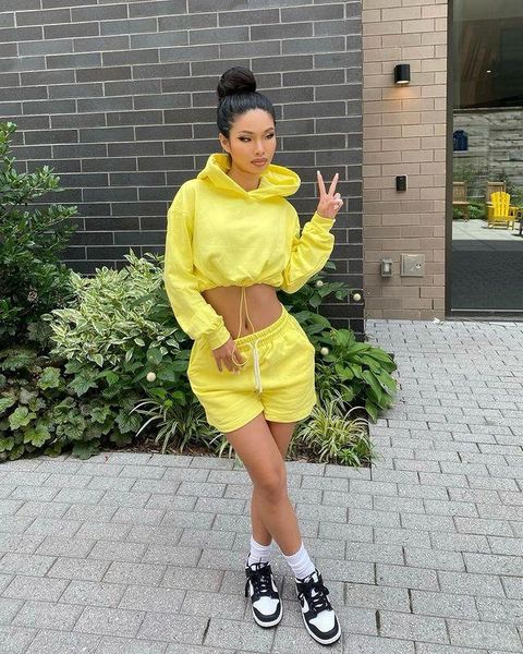 

women's tracksuits 2021 leisure fashion street personality trend solid color hooded shorts two-piece set, Gray