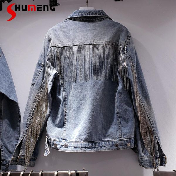 

women's jackets 2021 spring women fashion korean style chain tassel jeans coat ladies distressed design washed light color denim jacket, Black;brown