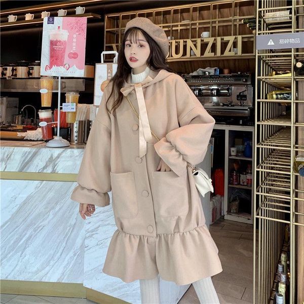 

women's wool & blends heydress warm coat women vinter sweet bow patchwork trench long female casual button japanese style kawaii thick, Black