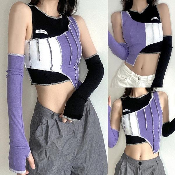 

women's fashion contrast color round neck irregular slim purple t-shirt, White