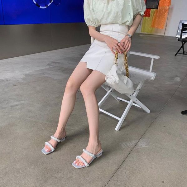 

fashion pearl chain mid block heels slippers summer outdoor patchwork sandals women square toe casual slides shoes, Black