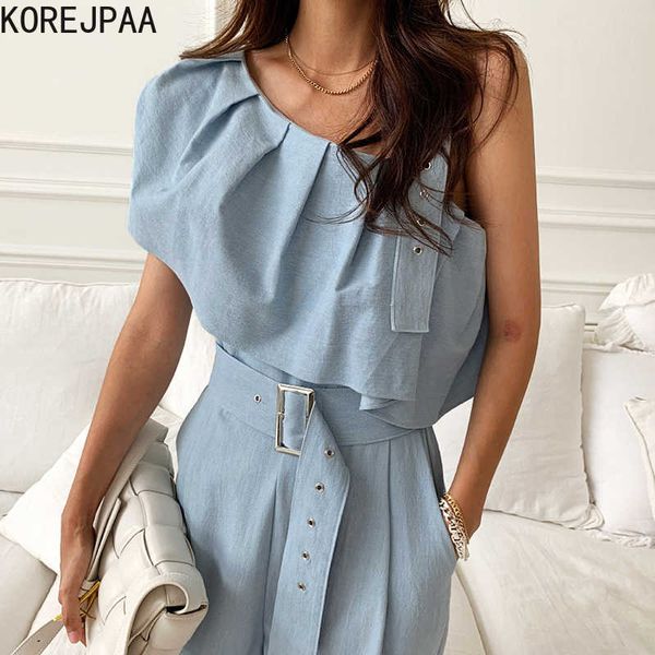 Korejpaa Frauen Jumpsuits Sommer Korea Chic Elegant Schrägkragen Off-Shoulder Plissee Stitching Design High-Waist Jumpsuit 210526