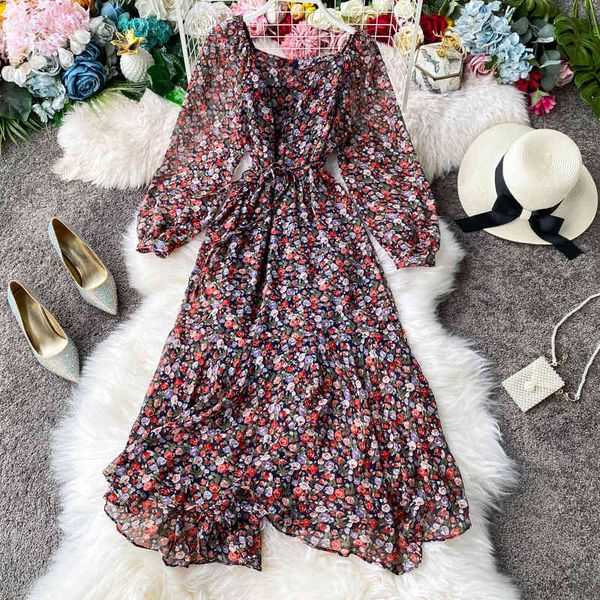 

dresses skirt women's retro floral air bubble sleeve temperament square neck lace up waist show thin knee length dress, Black;gray