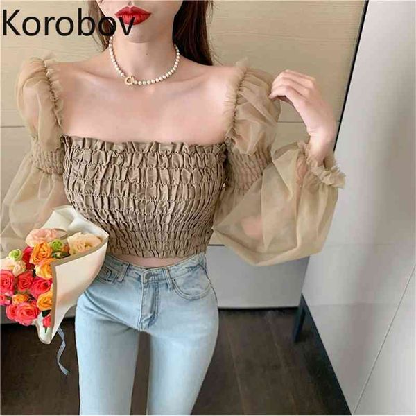 

korobov new fashion chic square collar women blouses vintage mesh puff sleeve shirts korean short blusas mujer 210430, White
