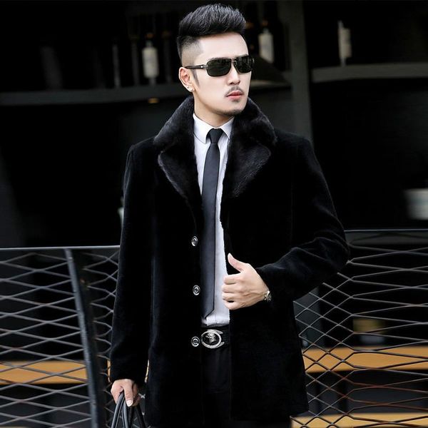 

men's leather & faux 2021 real fur coat winter jacket men sheep shearling mink collar warm wool jackets veste homme 6556 yy705, Black