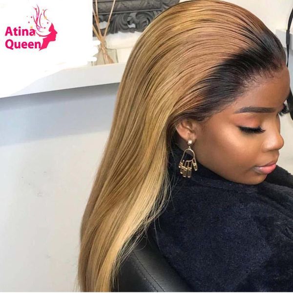 

black roots ombre 360 lace frontal wig preplucked bleached knots 13x6 honey blonde front wigs remy glueless full wig1, Black;brown