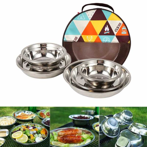 

dishes & plates 17pcs outdoor tableware stainless steel plate bowl portable household soup dish set for barbecue picnic dinnerware