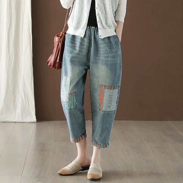 

women's jeans spring summer women casual washed bleached ripped patchwork vintage elastic waist female ankle-length harem pants denim, Blue