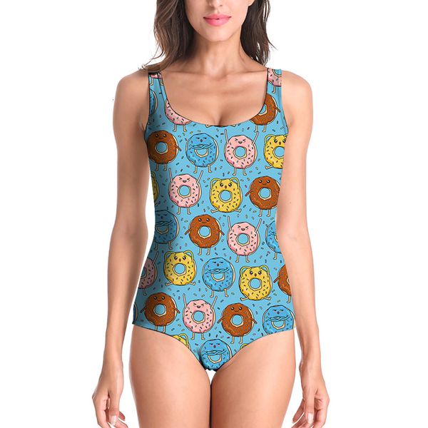 

women's open back rainbow doughnut printed bikini swimsuit, White;black