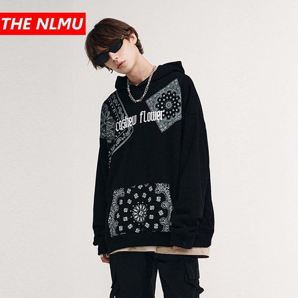 

men's hoodies & sweatshirts hip hop hoodie sweatshirt streetwear cashew flower print loose oversized 2021 men harajuku cotton hooded pu, Black