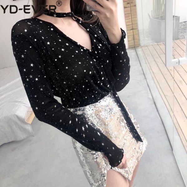 

women's blouses & shirts black metallic star print with choker v neck long sleeve blouse sheer mesh crop shirt women weekend party, White