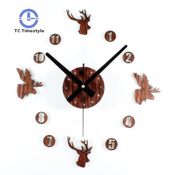 

wall clocks wooden diy deer clock european retro rural quartz 3d wood silent large modern design home decor classic watch