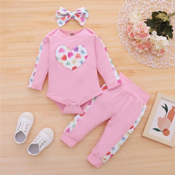 

3-24m 3pcs infant baby girls outfits, fashion long sleeve crew neck heart print romper + pants sweet headband set clothing sets, White