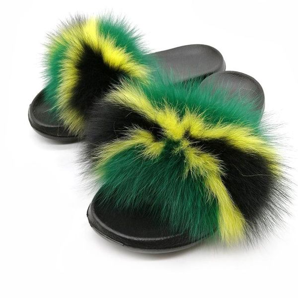 

slippers 100% fur women slides shoes warm indoor flip flop furry home winter plush fluffy sandals, Black