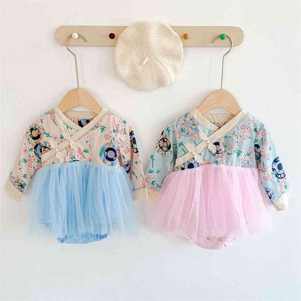 Chinesische Art Säuglingsbaby-Spielanzug-Kleidung Frühlings-Herbst-Cheongsam-Kind-Mädchen-lange Hülsen-Kleidung 210521