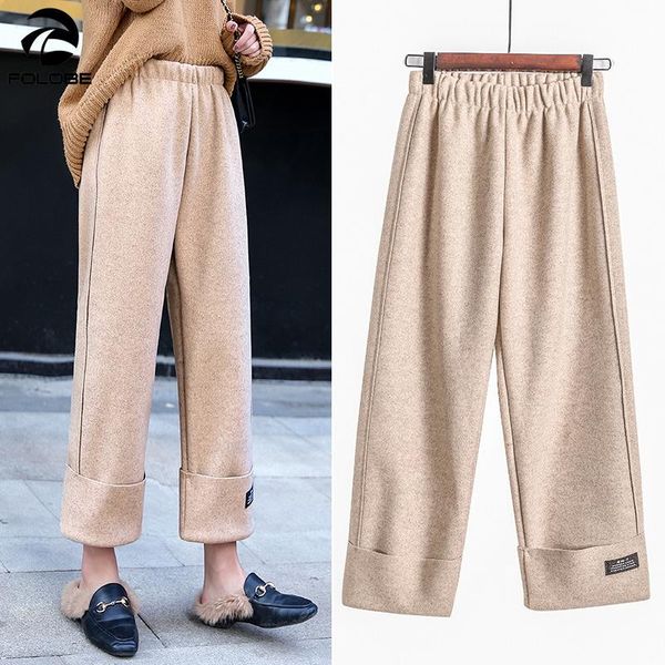 

women's pants & capris folobe fashion autumn winter women woolen trousers wide leg elastic high waist female casual loose wool warm pan, Black;white