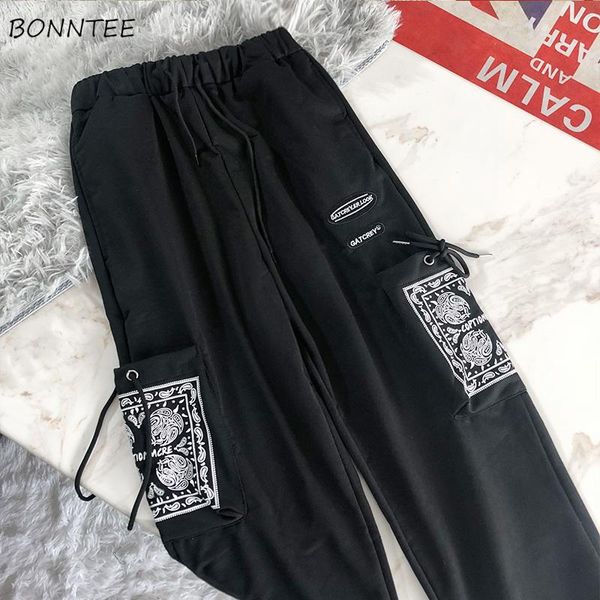

men's pants men casual korean style black loose hip hop summer cargo pockets all-match letter printed fashion chic streetwear