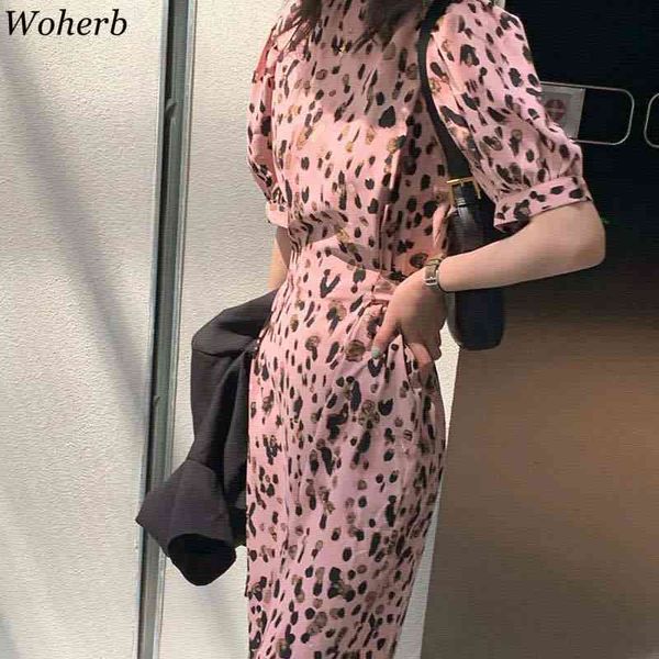 

elegant leopard dress summer women korean style retro v-neck slim-fit pink dresses female chic bodycon vestido robe 210417, Black;gray