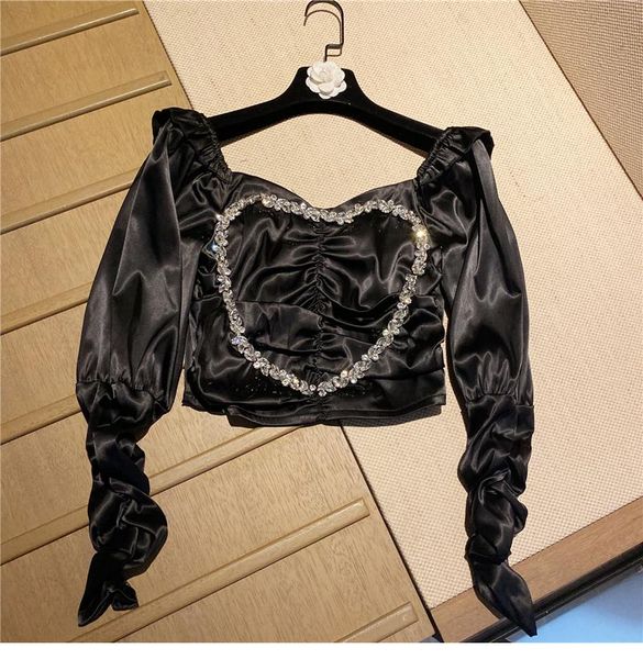 

women's blouses & shirts rhinestone love heart short shirt for women 2021 spring bubble sleeve satin chiffon blusas lady crop black blo, White