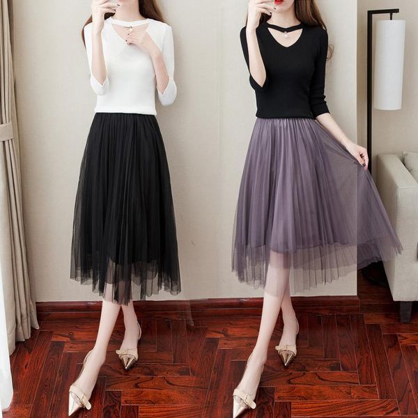 

skirts 2021 summer women half skirt slim high waist a word black apricot mesh elegant casual fashion pleated long h03