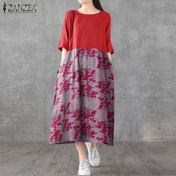 

patchwork women dress 2021 summer print midi vestidos casual lady middle sleeve o-neck loose long sundress plus size 5xl dresses, Black;gray