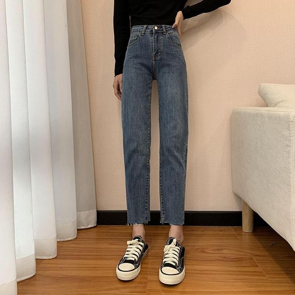 

women's jeans dd0215 high-waist slim straight-leg loose cropped trousers, Blue