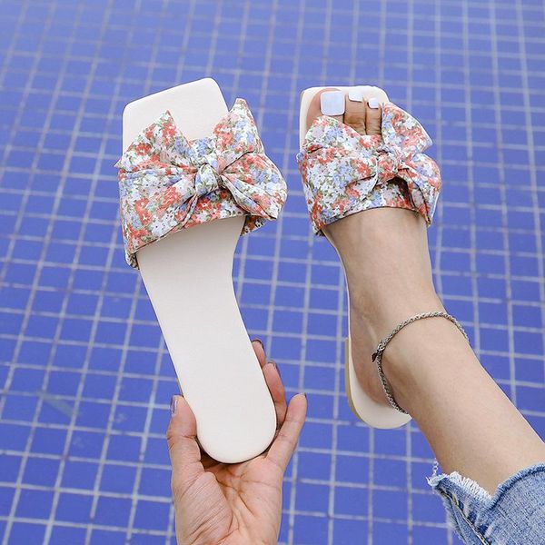 

women bohemia flower bowtie slippers 2021 summer woman square toe flats ladies casual beach shoes female print slides plus size, Black