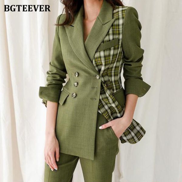 

office ladies 2 piece set double breasted patchwork plaid green blazer & high waist suit pants 2021 women pant women's two, White