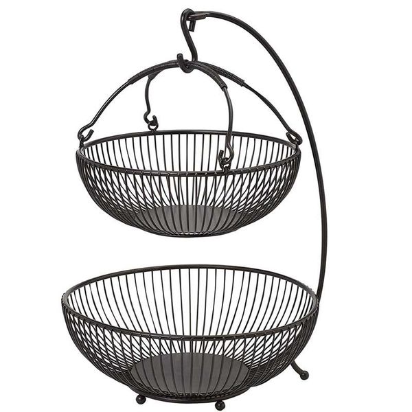 

storage baskets spindle adjustable 2-tier basket with banana hook black fruit vegetables display kitchen decorations home