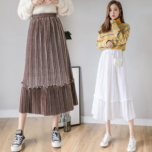 

skirts vintage high waist pleated skirt 2021 autumn winter womens elastic a line midi mid calf long for women, Black