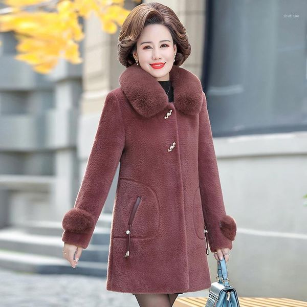 

women's wool & blends women coat autumn winter 2021 fashion mother's thicken warm outerwear mid-lenth faux fur overcoat female, Black