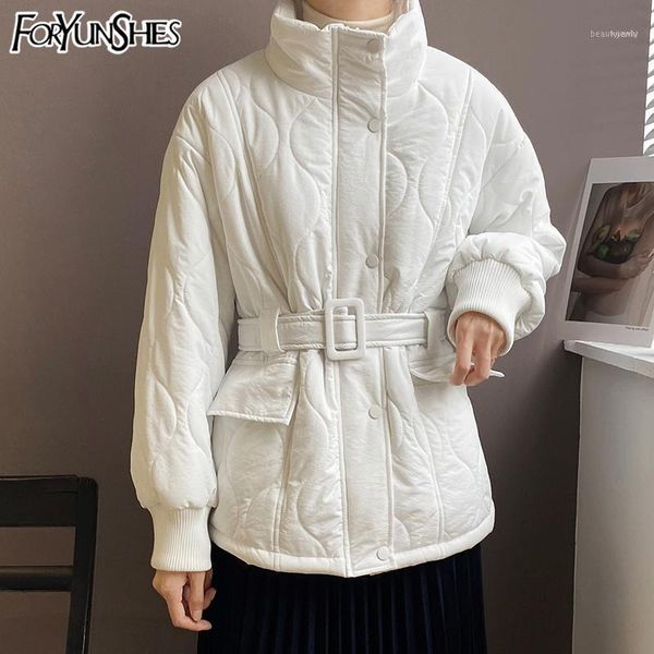 

women's slim short parkas coat with belt casual sweet female white cotton padded jacket outerwear 2021 preppy style1, Black