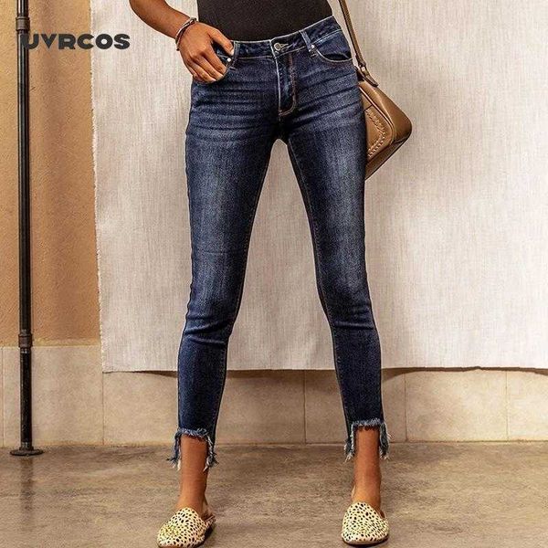 

fall/winter fashion pencil denim buttocks torn pants women 210712, Blue