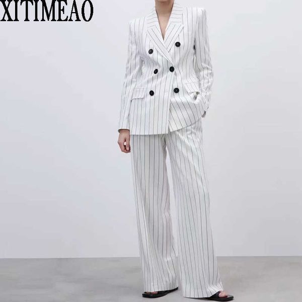 

za women fashion white double breasted blazers coat vintage stripe long sleeves outerwear and high waist casual pants set 210602, White;black
