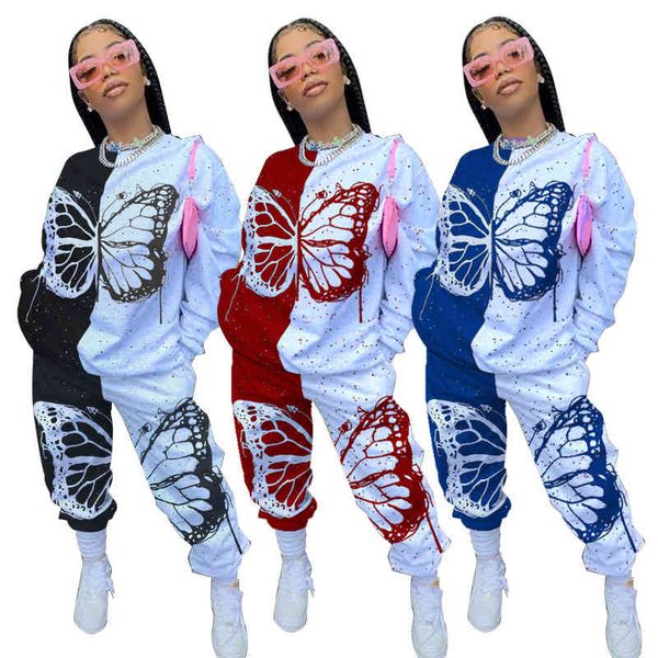 Plus Size Women Women Roupas 2 Piece Set S-5XL Manga Completa Hoodie Suor Suor Borboleta Imprimir Tracksuit de Algodão Atacado Dropshipping X0428