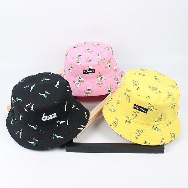 

cloches 2021 cute bucket hat for women fruit printed yellow streetwear panama fishing korean k reversible flat visor, Blue;gray
