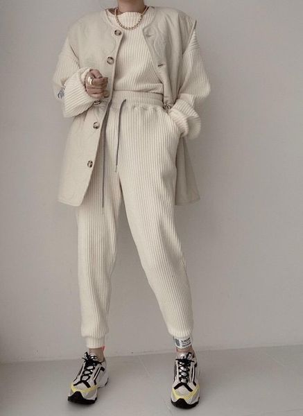 

women's two piece pants 2021 fall winter fashion soft women 2 pieces knit sets causal long sleeve o-neck sweater +high waist wide leg s, White