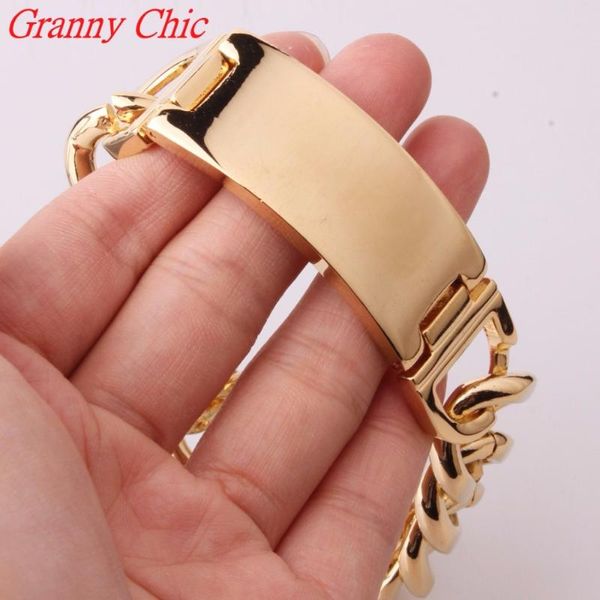 

granny chic 8.66"*20mm 316l stainless steel jewelry smooth cuban chain men's gold color bracelet bangle for male link,, Black