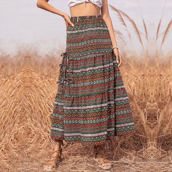 

summer style fashion ethnic vintage women skirt lace up waist long for split female boho green, Black