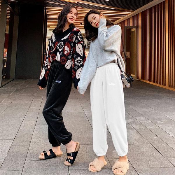 

women's casual fashion warm trousers coral velvet beam foot bloomers loose home pajamas sleepwear, Black;red