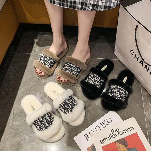 

fashion brand slippers women's winter net red ins wear korean versatile cool slippers new outdoor hairy cute cotton slippers ysj, Black