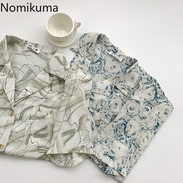 

nomikuma blouses women summer printed notched collar short sleeve shirts single breasted vinatge blusas mujer 210514, White
