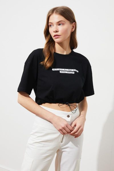 

trendyol printed shirred crop knitted t-shirt twoss21ts1596 women's, White