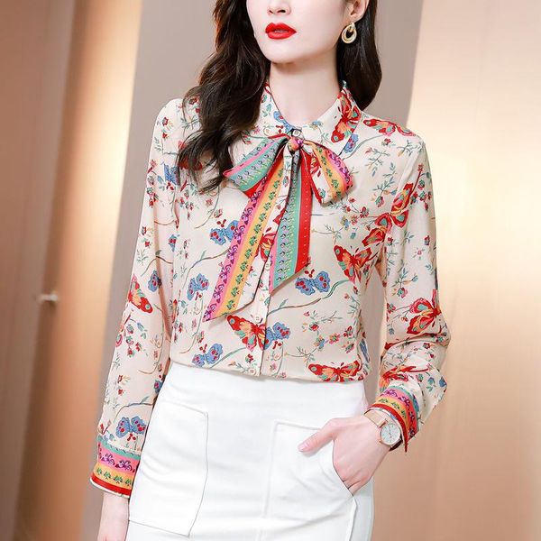 

women's blouses & shirts hangzhou genuine silk shirt fashion blouse korean long sleeve printed temperament mulberry, White