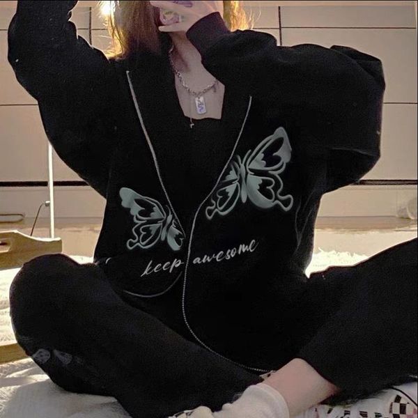 

women's hoodies & sweatshirts y2k zip hooded sweatshirt gothi winter oversized jacket butterfly hoodie retro pocket woman long sleeve p, Black