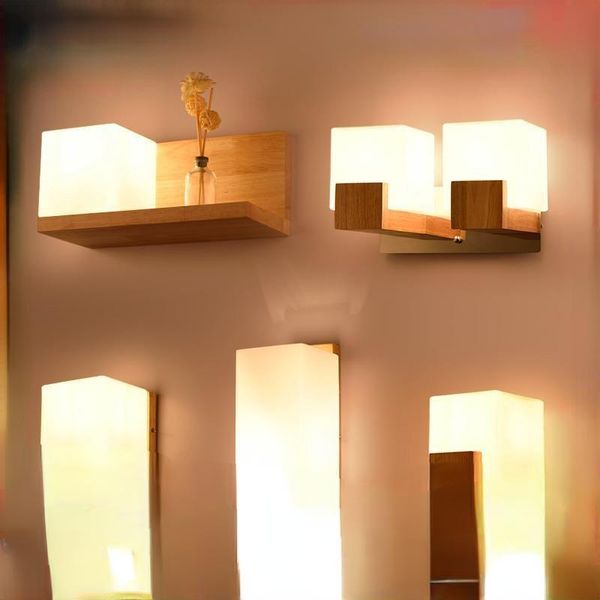 

wall lamp led bedroom night bedside fixture corridor nordic solid wood square storage light indoor lighting for home
