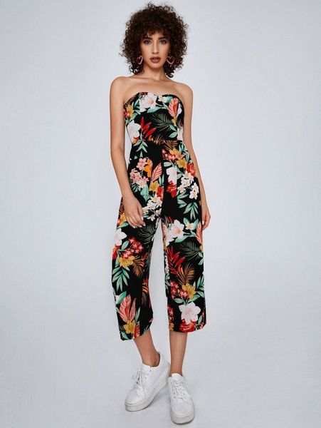 

floral print double pocket tube jumpsuit r1rm#, White