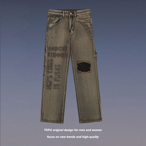 

high street letter embroidered straight jeans men's fashion hip hop patch loose casual pants, Black
