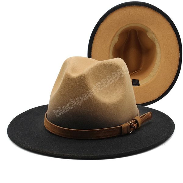 

red black wide brim gradient church derby hat panama felt fedoras hats women men artificial british style jazz cap, Blue;gray