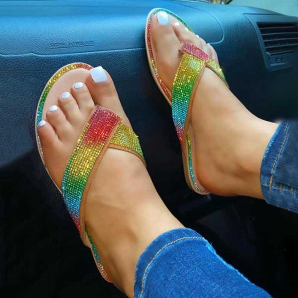 

slippers 2021 summer fashion flip toe rhinestone flat casual ladies, Black